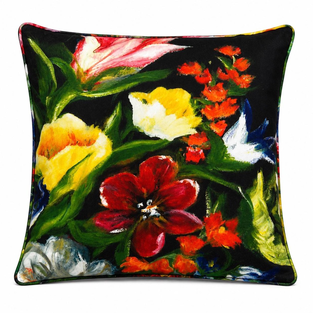 Floral Throw Pillow Black Multicolor designed from original hand painting 18x18